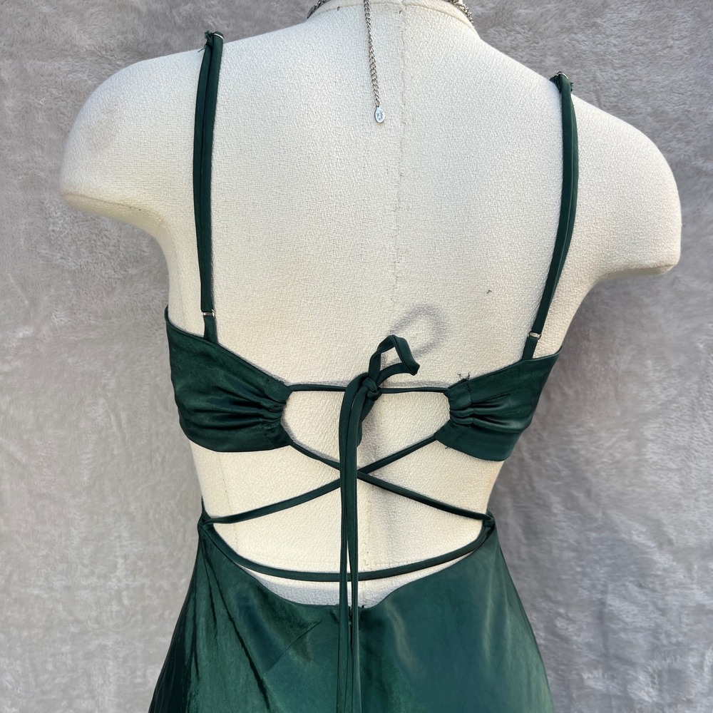 Here Comes The Sun Emerald Green Satin Midi Slip Dress Size S Cutout Cocktail - Picture 10 of 16